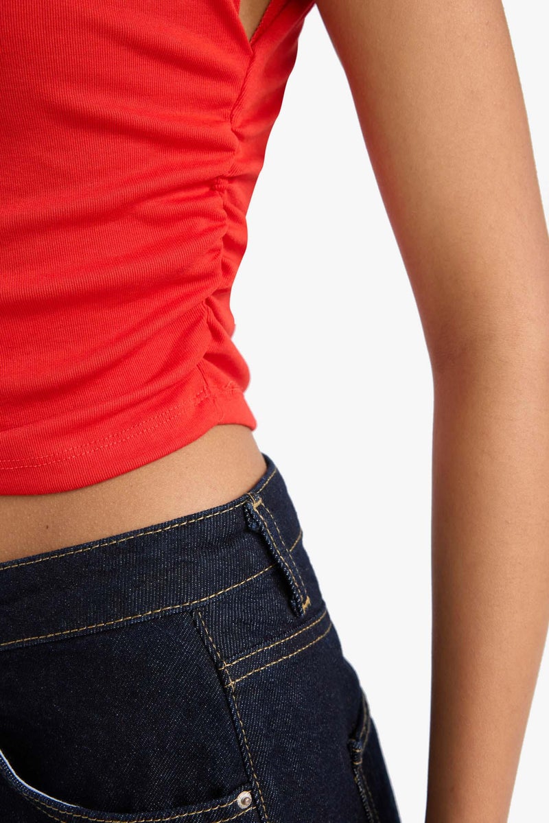 DeFacto Red Woman Slim Fit Ribana Crew Neck Tank Top Casual - Image 4